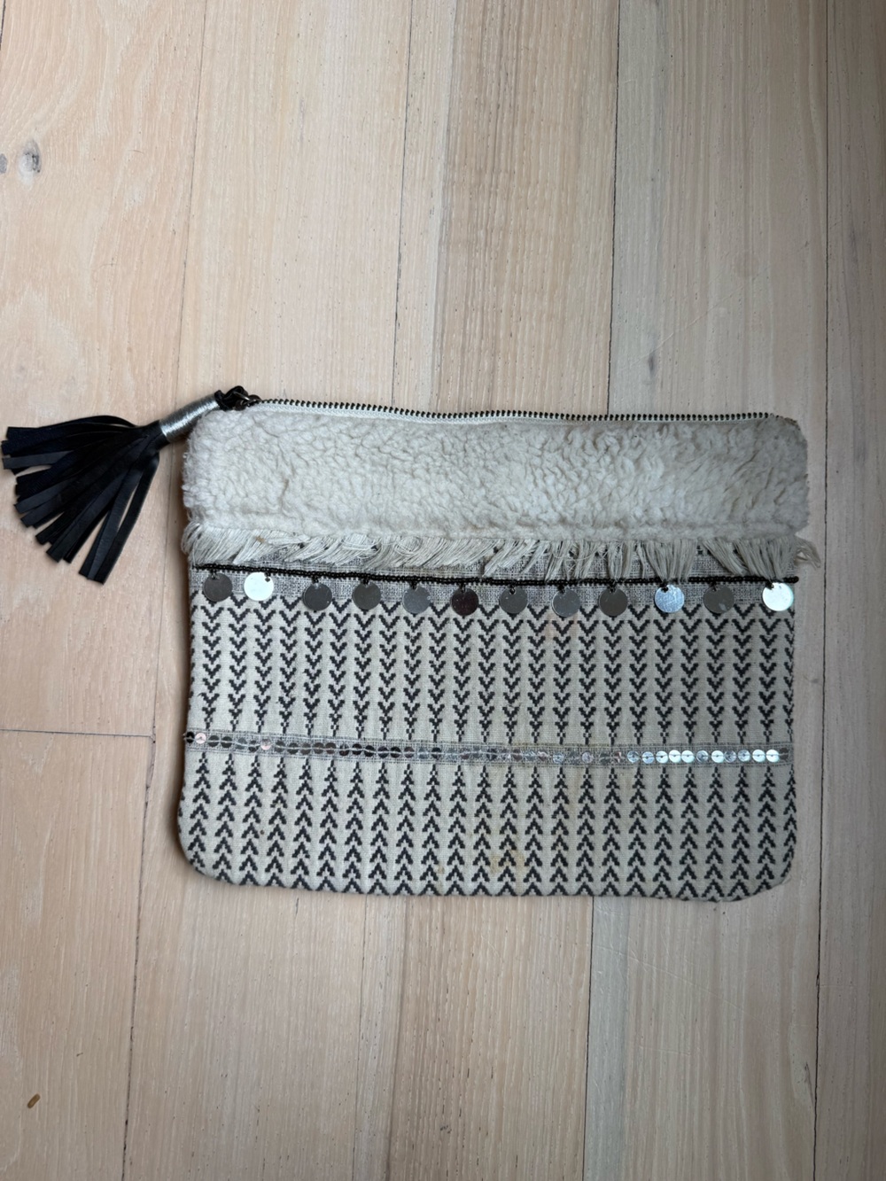 Cream Shearling Trim Sequin Accent Women’s Clutch